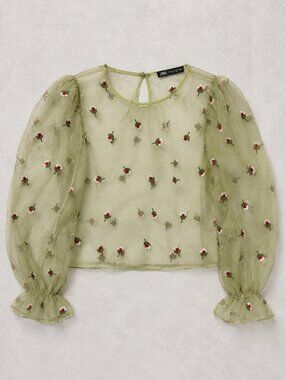 ZARA Sheer Embroidered Floral Organza Blouse Medium Puff Sleeve | Sage Green